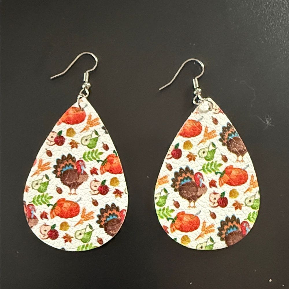 Faux leather Festive Turkey Print Teardrop Earrings